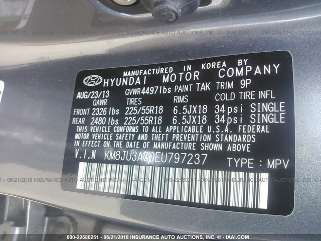 KM8JU3AG0EU797237 - 2014 HYUNDAI Tucson GLS/LIMITED/SE GRAY photo 9