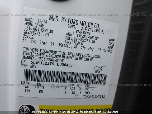 5LMJJ2JT9FEJ06456 - 2015 LINCOLN NAVIGATOR 白色 照片 9