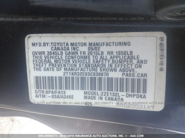 2T1KR32E03C039870 - 2003 TOYOTA COROLLA MATRIX XR Dark Blue photo 9