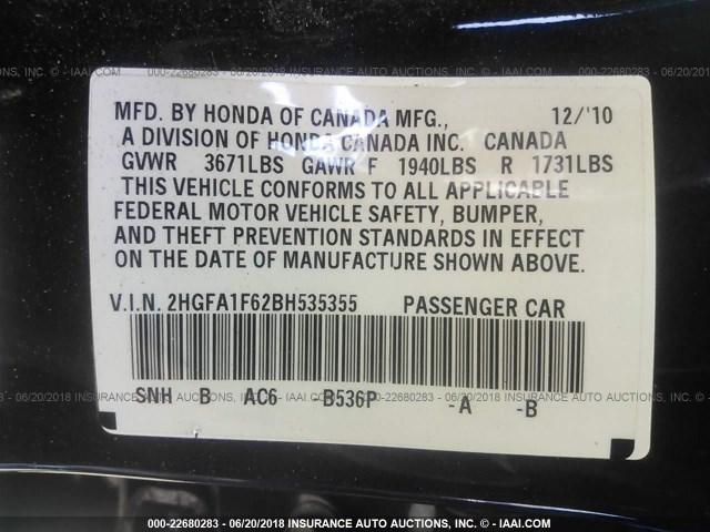 2HGFA1F62BH535355 - 2011 HONDA CIVIC LX-S Mavi foto 9