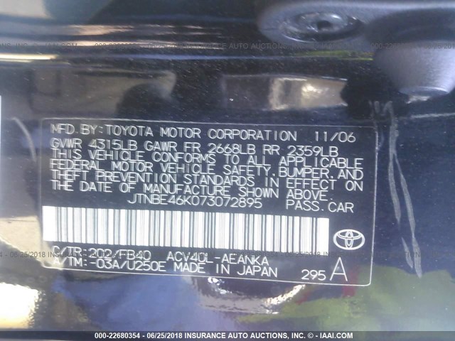 JTNBE46K073072895 - 2007 TOYOTA CAMRY NEW GENERAT CE/LE/XLE/SE BLACK photo 9