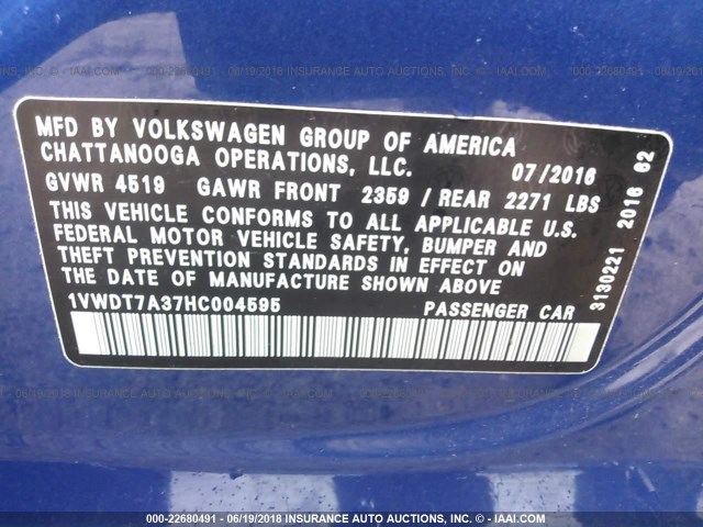 1VWDT7A37HC004595 - 2017 VOLKSWAGEN PASSAT R-LINE Mavi foto 9