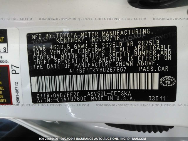 4T1BF1FK7HU267867 - 2017 TOYOTA CAMRY LE/XLE/SE/XSE WHITE photo 9