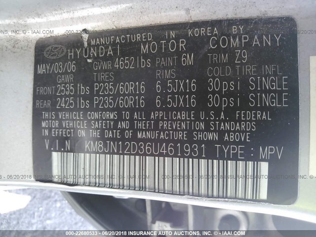 KM8JN12D36U461931 - 2006 HYUNDAI TUCSON GLS/LIMITED SILVER photo 9