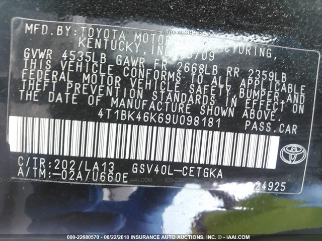 4T1BK46K69U098181 - 2009 TOYOTA CAMRY SE/LE/XLE 黑色 照片 9