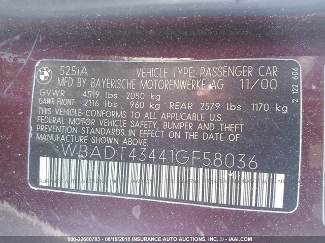 WBADT43441GF58036 - 2001 BMW 525 I AUTOMATIC BURGUNDY photo 9