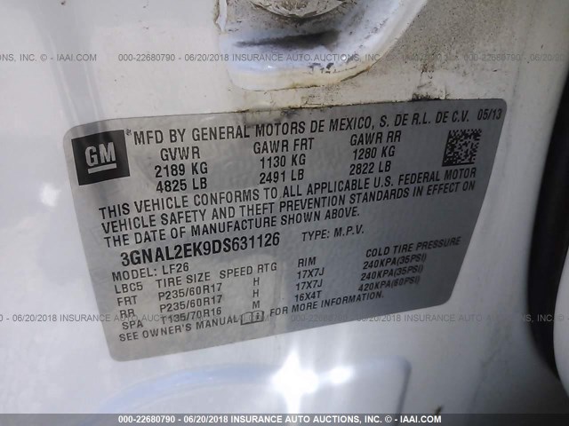 3GNAL2EK9DS631126 - 2013 CHEVROLET CAPTIVA LS 白色 照片 9
