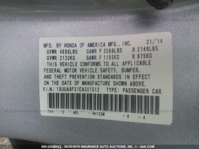 19UUA8F51EA007512 - 2014 ACURA TL TECH SILVER photo 9