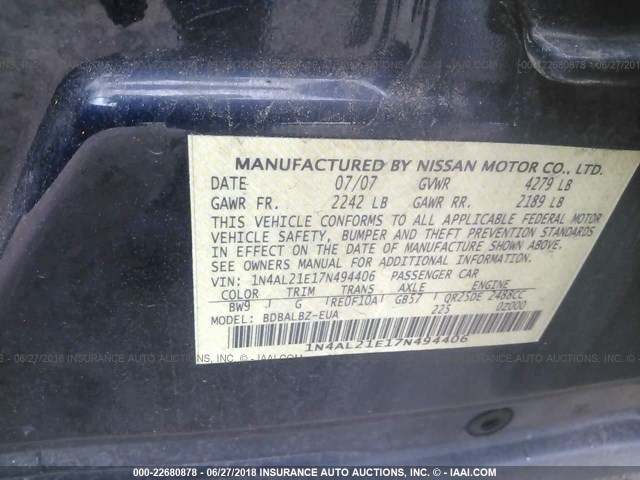 1N4AL21E17N494406 - 2007 NISSAN ALTIMA 2.5/2.5S ლურჯი ფოტო 9