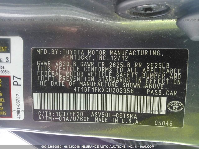 4T1BF1FKXCU202956 - 2012 TOYOTA CAMRY SE/LE/XLE ნაცრისფერი ფოტო 9