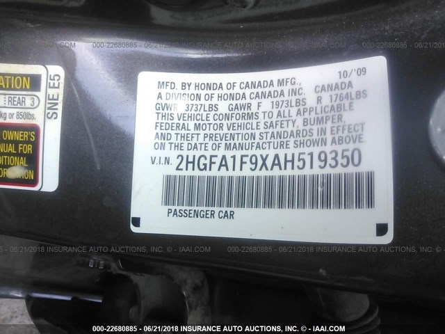 2HGFA1F9XAH519350 - 2010 HONDA CIVIC EXL ყავისფერი ფოტო 9