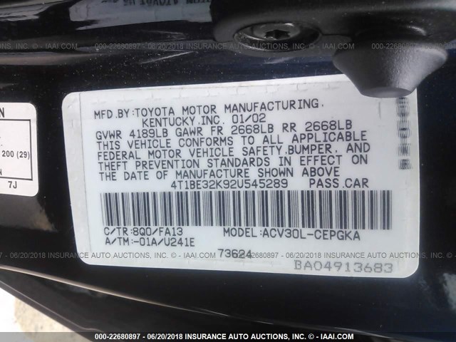 4T1BE32K92U545289 - 2002 TOYOTA CAMRY LE/XLE/SE ლურჯი ფოტო 9