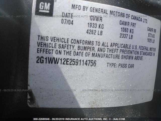 2G1WW12E259114756 - 2005 CHEVROLET MONTE CARLO LS Сұр фото 9