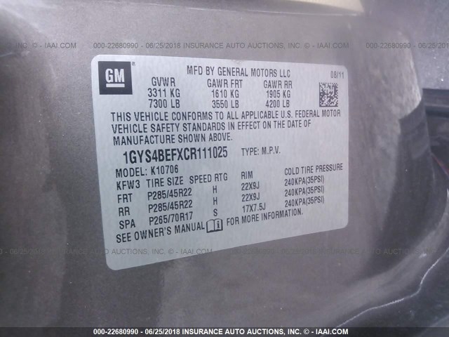 1GYS4BEFXCR111025 - 2012 CADILLAC ESCALADE LUXURY Qəhvəyi foto 9