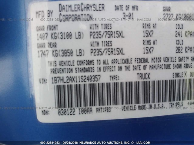 1B7HL2AX11S240357 - 2001 DODGE DAKOTA QUAD BLUE photo 9