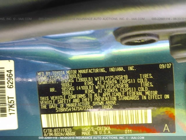 5TBRV54147S472291 - 2007 TOYOTA TUNDRA DOUBLE CAB SR5 BLUE photo 9