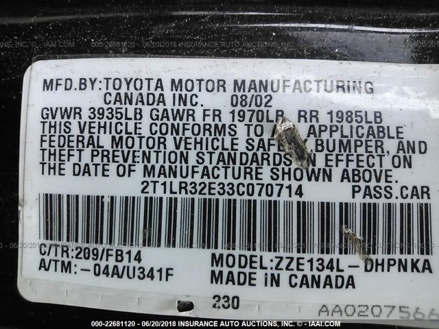 2T1LR32E33C070714 - 2003 TOYOTA COROLLA MATRIX XR BLACK photo 9