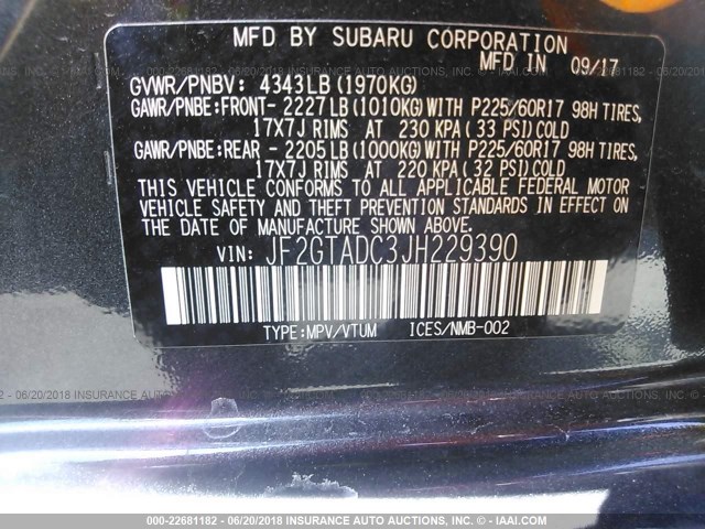 JF2GTADC3JH229390 - 2018 SUBARU CROSSTREK PREMIUM ნაცრისფერი ფოტო 9