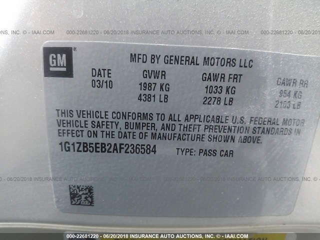 1G1ZB5EB2AF236584 - 2010 CHEVROLET MALIBU LS ოქროსფერი ფოტო 9