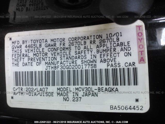 JTHBF30G020017758 - 2002 LEXUS ES 300 BLACK photo 9