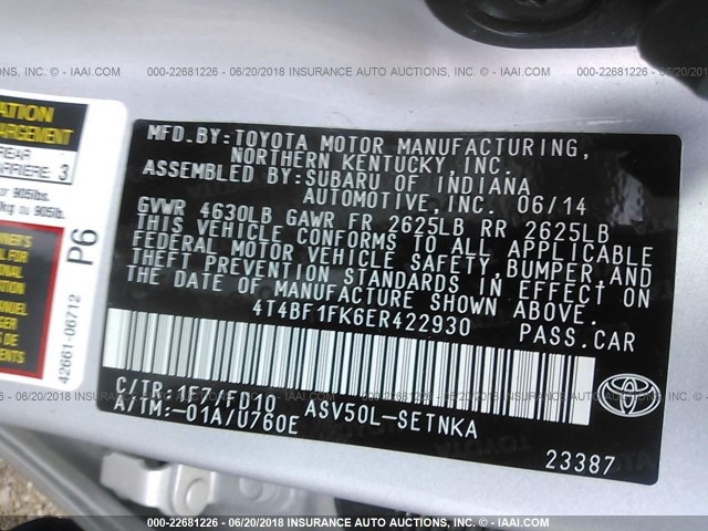 4T4BF1FK6ER422930 - 2014 TOYOTA CAMRY L/SE/LE/XLE SILVER photo 9