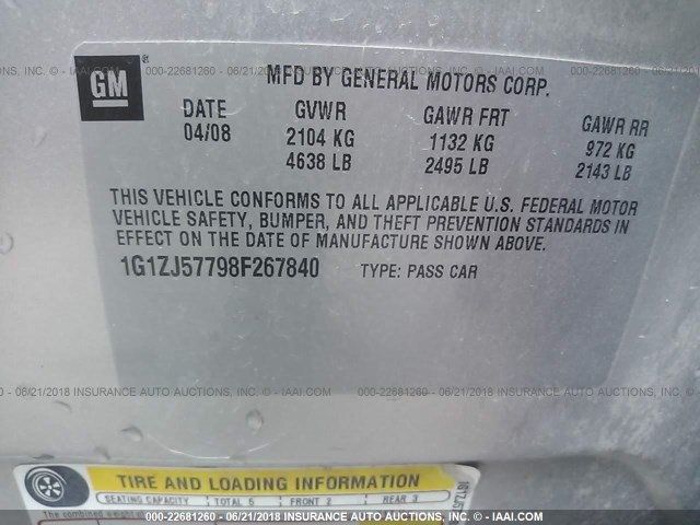 1G1ZJ57798F267840 - 2008 CHEVROLET MALIBU 2LT SILVER photo 9