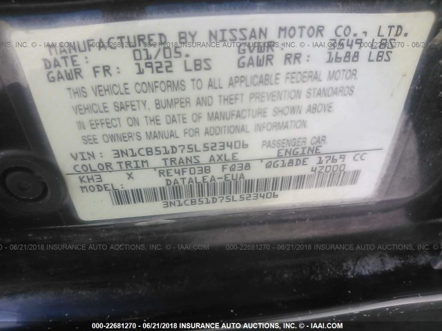 3N1CB51D75L523406 - 2005 NISSAN SENTRA 1.8/1.8S BLACK photo 9