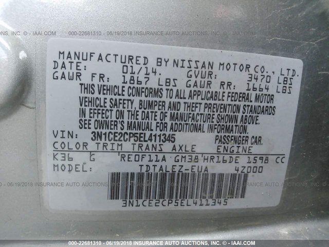 3N1CE2CP5EL411345 - 2014 NISSAN VERSA NOTE S/S PLUS/SV/SL GRAY photo 9