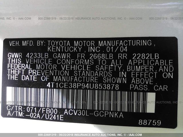 4T1CE38P94U853878 - 2004 TOYOTA CAMRY SOLARA SE/SLE WHITE photo 9