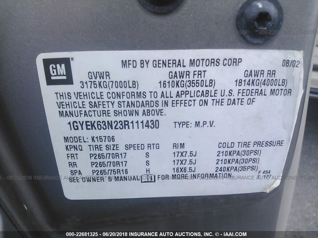 1GYEK63N23R111430 - 2003 CADILLAC ESCALADE LUXURY Şampan foto 9