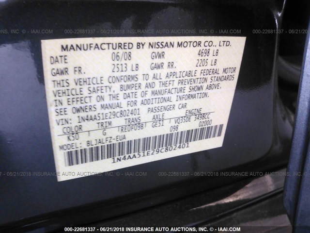 1N4AA51E29C802401 - 2009 NISSAN MAXIMA S/SV GRAY photo 9