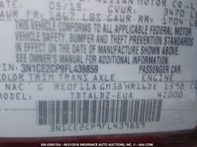 3N1CE2CP9FL439859 - 2015 NISSAN VERSA NOTE S/S PLUS/SV/SL/SR RED photo 9