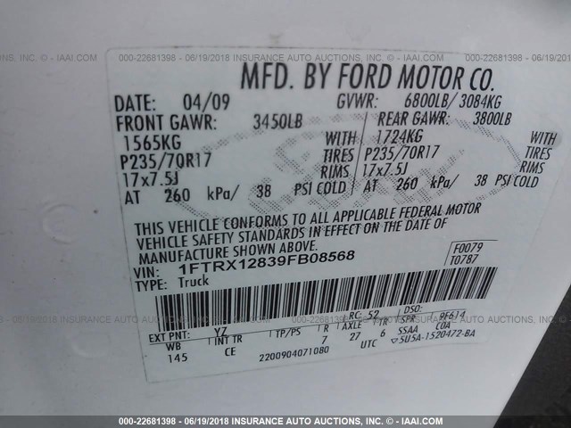 1FTRX12839FB08568 - 2009 FORD F150 SUPER CAB WHITE photo 9