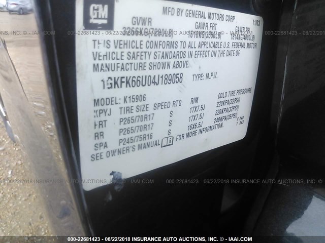 1GKFK66U04J189058 - 2004 GMC YUKON XL DENALI GREEN photo 9