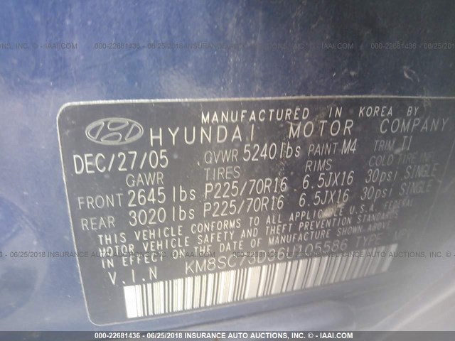 KM8SC73D36U105586 - 2006 HYUNDAI SANTA FE GLS/LIMITED BLUE photo 9