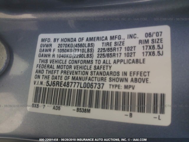 5J6RE48777L006737 - 2007 HONDA CR-V EXL ლურჯი ფოტო 9