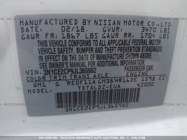 3N1CE2CP9JL365982 - 2018 NISSAN VERSA NOTE S/S PLUS/SV/SL/SR WHITE photo 9