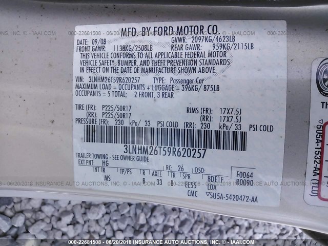 3LNHM26T59R620257 - 2009 LINCOLN MKZ BEIGE photo 9