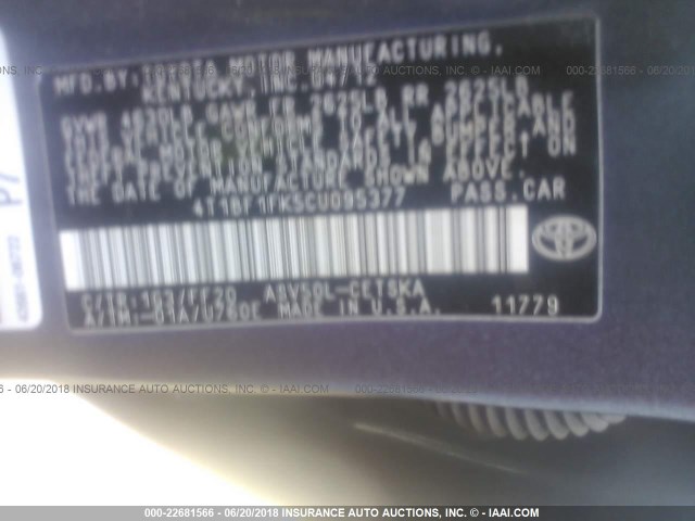 4T1BF1FK5CU095377 - 2012 TOYOTA CAMRY SE/LE/XLE GRAY photo 9