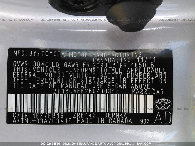 2T1BU4EE2BC730316 - 2011 TOYOTA COROLLA S/LE SILVER photo 9