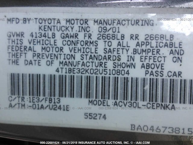 4T1BE32K02U510804 - 2002 TOYOTA CAMRY LE/XLE/SE ნაცრისფერი ფოტო 9