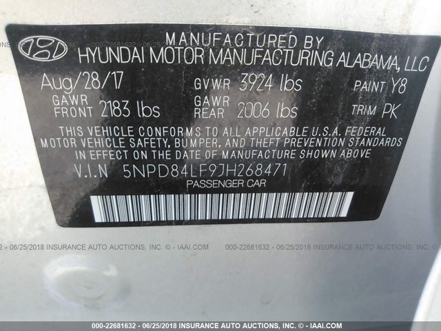 5NPD84LF9JH268471 - 2018 HYUNDAI ELANTRA SEL/VALUE/LIMITED SILVER photo 9