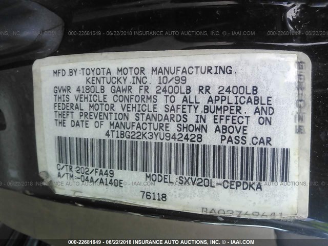 4T1BG22K3YU942428 - 2000 TOYOTA CAMRY CE/LE/XLE 黑色 照片 9