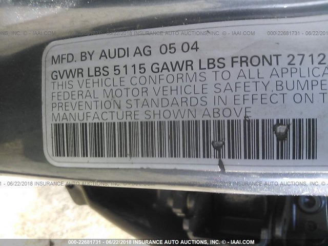 WAUCD64B74N100604 - 2004 AUDI A6 S-LINE QUATTRO GRAY photo 9