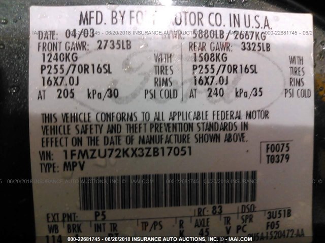 1FMZU72KX3ZB17051 - 2003 FORD EXPLORER XLS/XLS SPORT GREEN photo 9