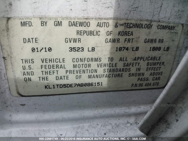 KL1TD5DE7AB086151 - 2010 CHEVROLET AVEO LS/LT 白色 照片 9