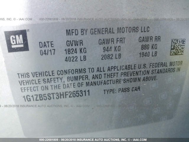 1G1ZB5ST3HF265311 - 2017 CHEVROLET MALIBU LS 银色 照片 9