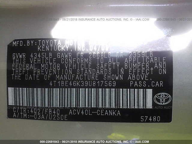 4T1BE46K39U817569 - 2009 TOYOTA CAMRY SE/LE/XLE 棕色 照片 9