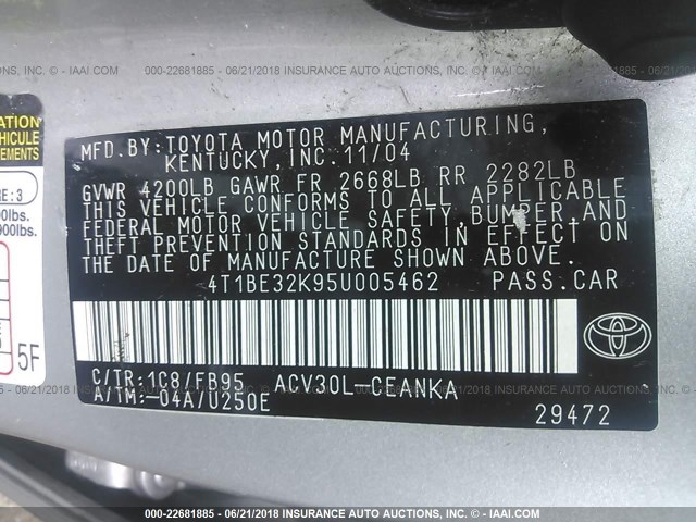 4T1BE32K95U005462 - 2005 TOYOTA CAMRY LE/XLE/SE ვერცხლისფერი ფოტო 9