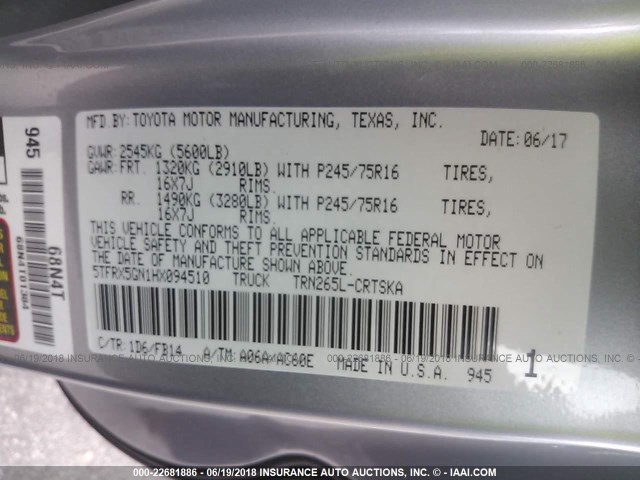 5TFRX5GN1HX094510 - 2017 TOYOTA TACOMA ACCESS CAB/SR/SR5 银色 照片 9